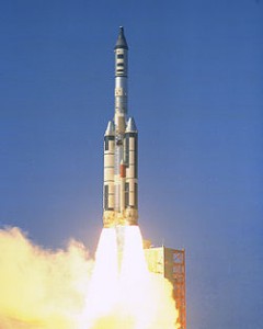 Topped by the refurbished Gemini 2 capsule, and with a modified Titan II propellant tank providing a mockup of the Manned Orbital Laboratory (MOL), the Titan IIIC lifts off from SLC-40 in November 1966. Less than three years later, after guzzling billions of dollars, MOL was cancelled by President Richard Nixon. Photo Credit: U.S. Air Force