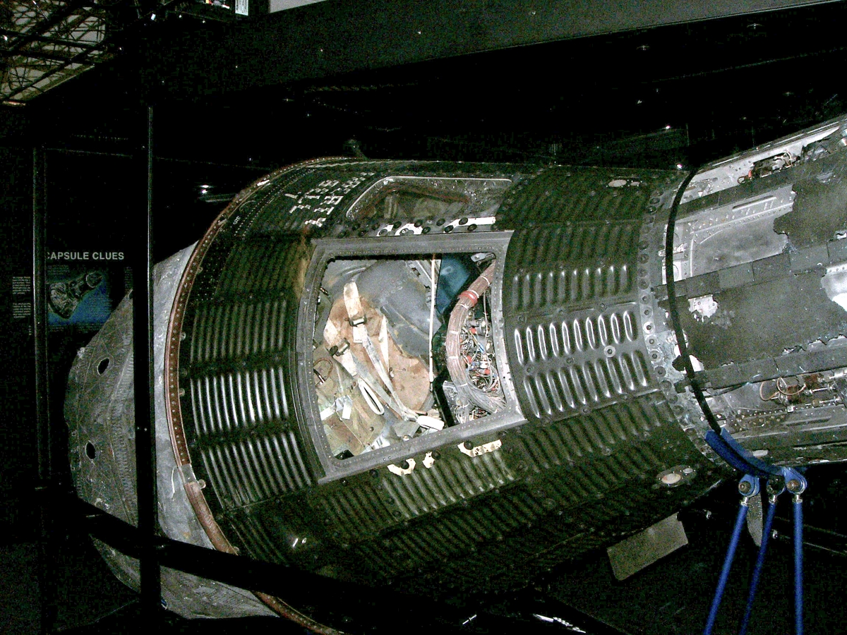 Recovered from the Atlantic Ocean in 1999, Liberty Bell 7 now resides in the Kansas Cosmosphere and Space Center in Hutchinson, Kansas. Photo Credit: John Karpiej/Historicspacecraft.com