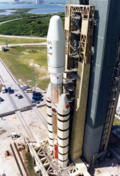 The ill-fated Mars Observer is readied for launch aboard Martin Marietta's final Commercial Titan III in September 1992. During this period, renovation was underway at SLC-40 to prepare for Titan IV missions. Photo Credit: U.S. Air Force