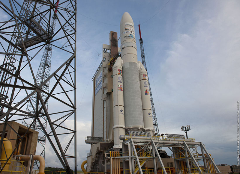 The VA-214 stack undergoes final checks on the ELA-3 pad, ahead of today's liftoff. Photo Credit: Arianespace