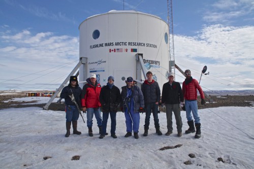 The Mars Arctic 365 crew (Phase 1) visited the Flashline Mars Arctic Research Station (FMARS) on Devon Island in early July. From left to right: Justin Sumpter, Richard Sugden, Joseph Palaia, Adam Nehr, Garrett Edquist, Richard Spencer and Dr. Alexander Kumar. Photo Credit: The Mars Society on Facebook. 