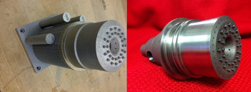 On the left side of this image is the 3-D printed fuel injector as it looked immediately after coming out of the laser melting printer. The right image shows the Injector after it had been inspected and polished. Photo Credit: NASA / MSFC
