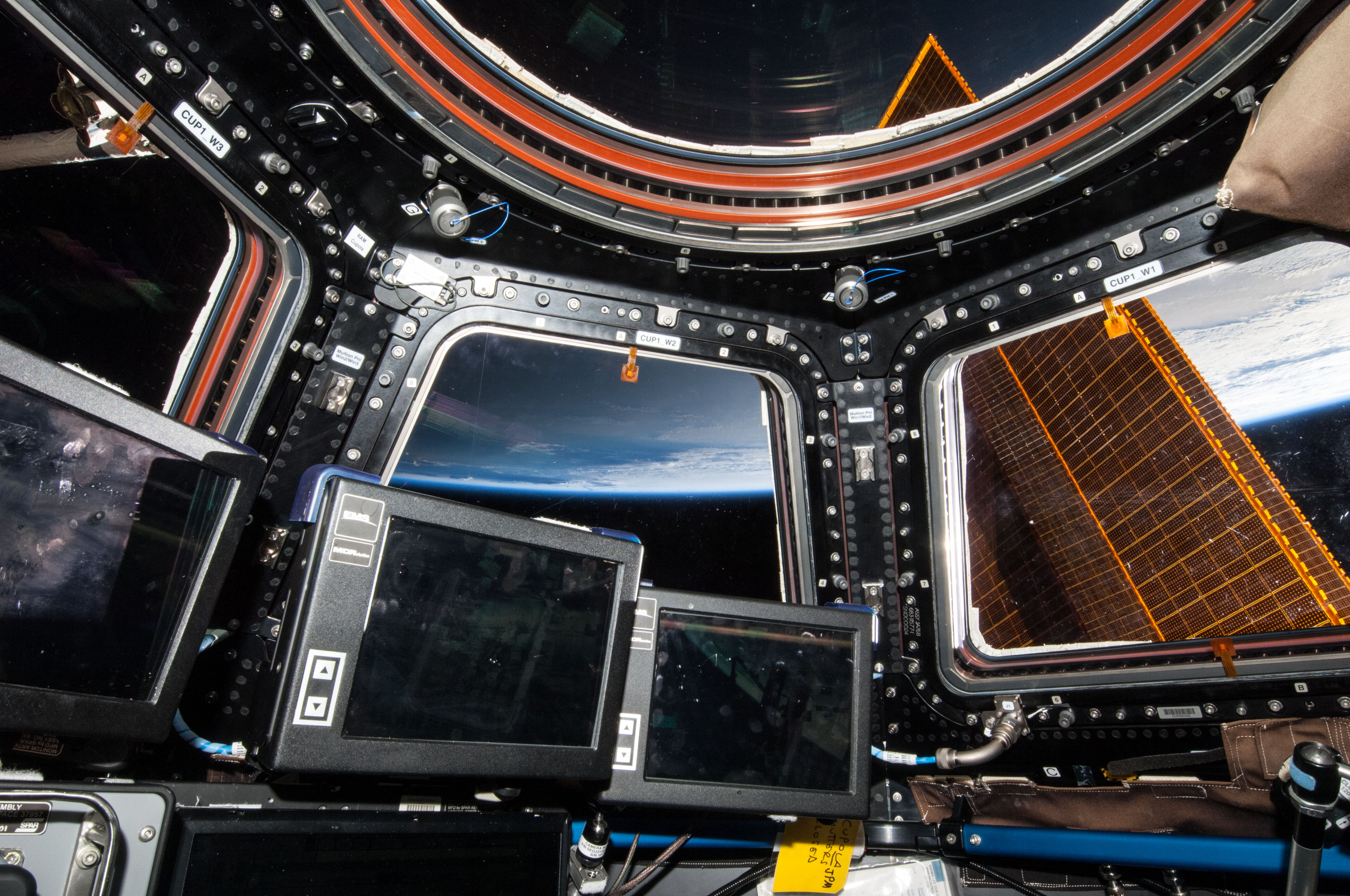 The layout of Robotic Work Station (RWS) and other hardware in the multi-windowed cupola for today's capture and berthing of HTV-4. Photo Credit: NASA