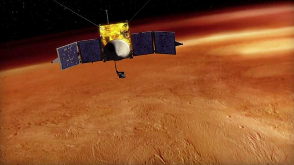 An artist's conception of the MAVEN spacecraft orbiting Mars. Image credit: NASA/Goddard Space Flight Center