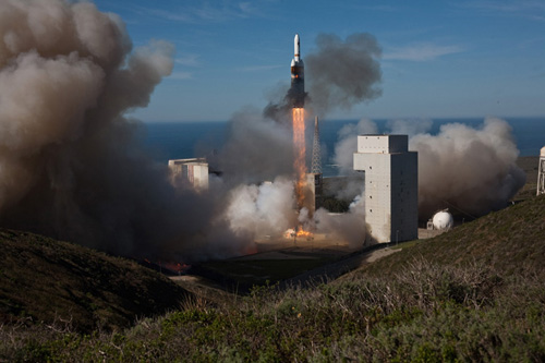 It has been over two years since Vandenberg Air Force Base, Calif., last played host to the world's largest and most powerful rocket in active service. The scorching of the Delta IV Heavy in the seconds after liftoff is readily apparent in this NROL-49 ascent view. Photo Credit: National Reconnaissance Office