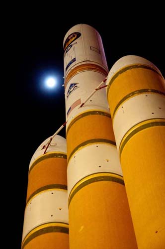 The Delta IV Heavy utilizes three Common Booster Cores (CBCs), one as a central first stage and two as strap-on rockets. Photo Credit: National Reconnaissance Office