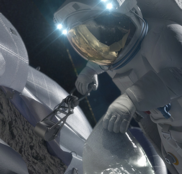 An astronaut collecting a sample from the captured asteroid. Image Credit: NASA