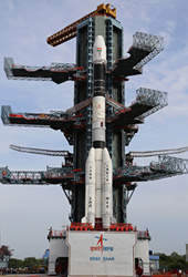 The GSLV-D5 vehicle at the pad during the August 2013  launch campaign. The attempt was scrubbed due to a leak of unsymmetrical dimethyl hydrazine from the vehicle's second stage. Photo Credit: ISRO