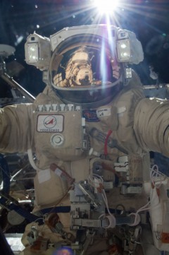 Aleksandr Misurkin, pictured during yesterday's (22 August) EVA, was making his third career spacewalk with Fyodor Yurchikhin. Photo Credit: NASA