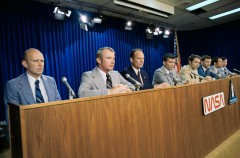 In March 1978, a "pool" of crew members were announced for the first four Orbital Flight Tests (OFTs) of the shuttle. At their initial press conference (from left) are Gordon Fullerton, Vance Brand, Jack Lousma, Fred Haise, Richard Truly, Joe Engle, Robert Crippen and John Young. Photo Credit: NASA.