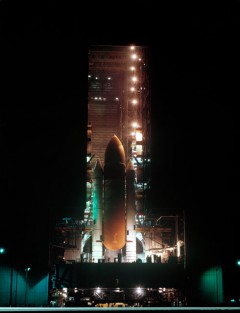 STS-8 begins its slow roll from the Vehicle Assembly Building (VAB) to Pad 39A on 1 August 1983. Photo Credit: NASA