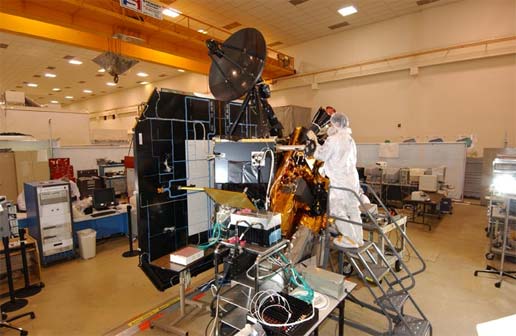 NASA's Deep Impact spacecraft being built at Ball Aerospace & Technologies Corporation, Boulder, Colorado.  Photo Credit: Ball Aerospace & Technologies Corporation 