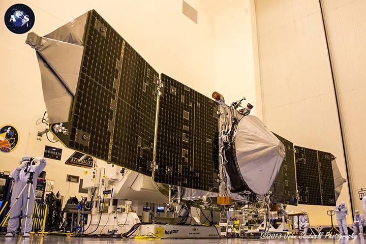 NASA's MAVEN spacecraft in pre-launch processing at Kennedy Space Center in Florida.  Photo Credit: John Studwell