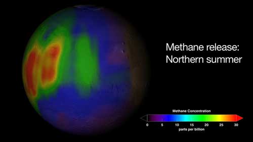 Visualization of a methane plume found in Mars’ atmosphere during the northern summer season of 2009, thanks to NASA's Infrared Telescope Facility and the W.M. Keck telescope, both at Mauna Kea, Hawaii..  Credit: Trent Schindler/NASA