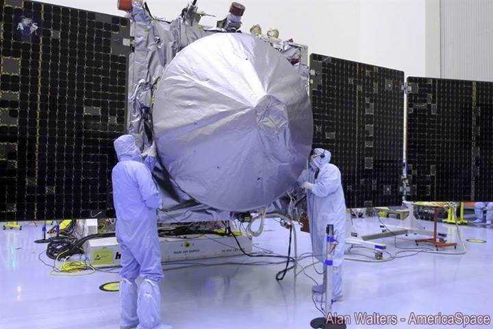 Engineers working on the MAVEN spacecraft in the Payload Hazardous Servicing Facility at KSC last Friday. Photo Credit: Alan Walters