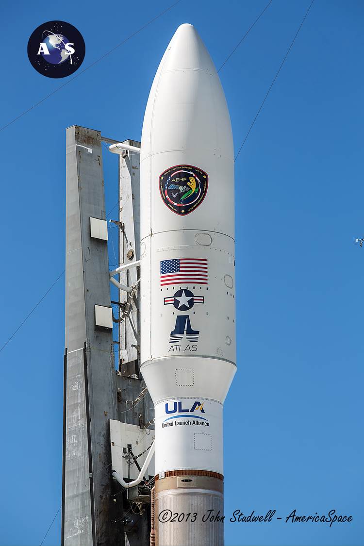 The Atlas' fairing is festooned with art marking it as the vehicle used to send AEHF-3 to orbit. Photo Credit: John Studwell / AmericaSpace