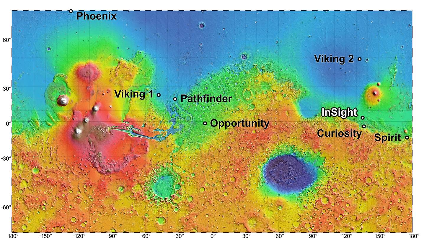 NASA map of Mars showing the landing sites of all Mars landers rovers posted on AmericaSpace