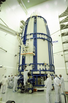 The third Advanced Extremely High Frequency (AEHF-3) satellite is encapsulated within its payload fairing at Cape Canaveral Air Force Station, Fla. Photo Credit: United Launch Alliance