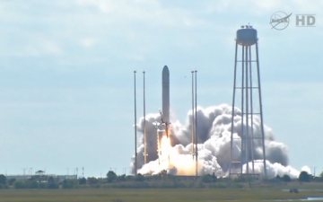 Antares roars perfectly away from Pad 0A at the Mid-Atlantic Regional Spaceport (MARS) at 10:58 a.m. EDT Wednesday 18 September 2013 to begin the ORB-D mission. Photo Credit: NASA TV