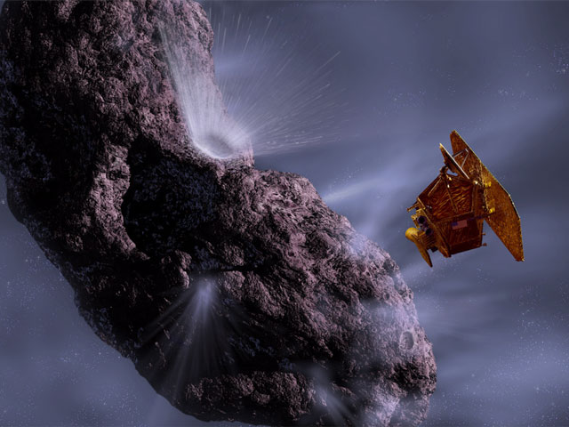 An artist's concept of the Deep Impact spacecraft flying past a comet. Credit: NASA/JPL/UMD/Pat Rawlings