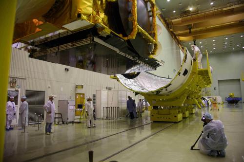 The Astra 2E payload is encapsulated with its fairing at Baikonur. Photo Credit: ILS