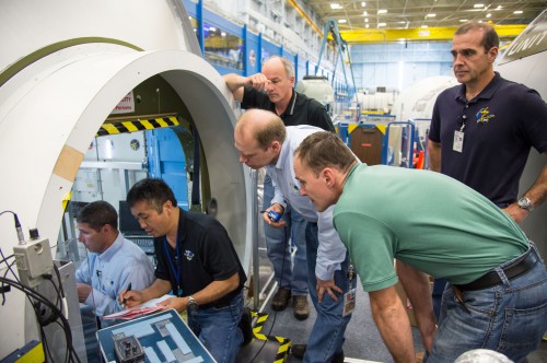 Assisted by NASA astronaut Jeff Williams, the Expedition 38 crewmen participate in an emergency ISS training session at the Johnson Space Center (JSC) in Houston, Texas, in July 2013. Photo Credit: NASA