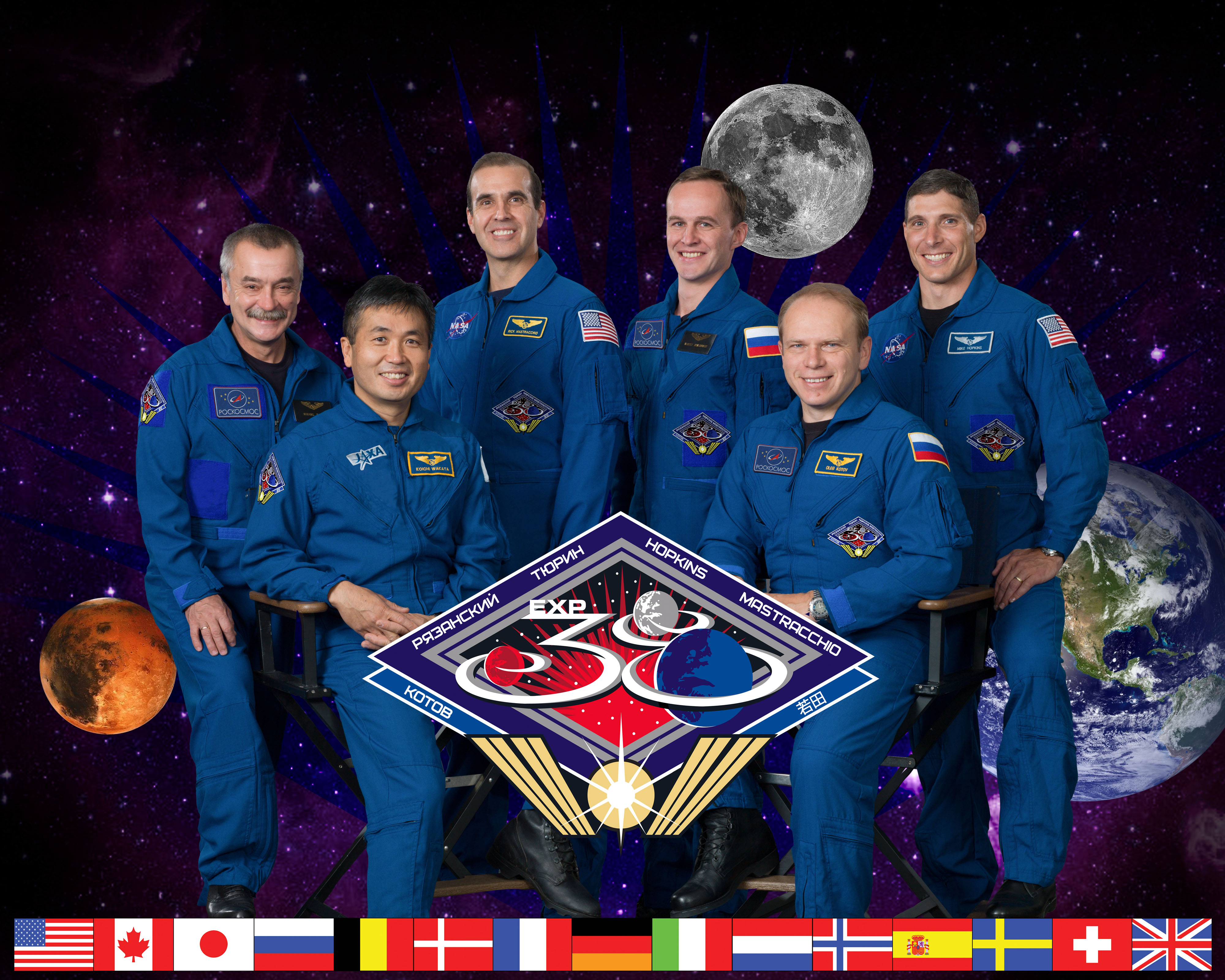 After the departure of the Soyuz TMA-09M crew, and the Olympic torch, the Expedition 38 crew from November 2013 until March 2014 will look like this. Seated at left is Koichi Wakata, with Oleg Kotov seated at right. Flanking them from left to right are Mikhail Tyurin, Rick Mastracchio, Sergei Ryazansky and Mike Hopkins. Photo Credit: NASA