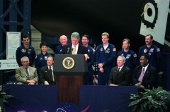 President Bill Clinton introduces the STS-95 crew, including John Glenn, at a press conference at the Johnson Space Center (JSC) in Houston, Texas, in April 1998. Photo Credit: NASA