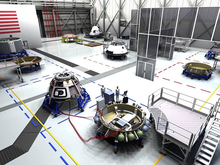 An artist concept of CST-100 high bay operations in the Commercial Crew and Cargo Processing Facility at NASA's Kennedy Space Center. Image credit: Boeing