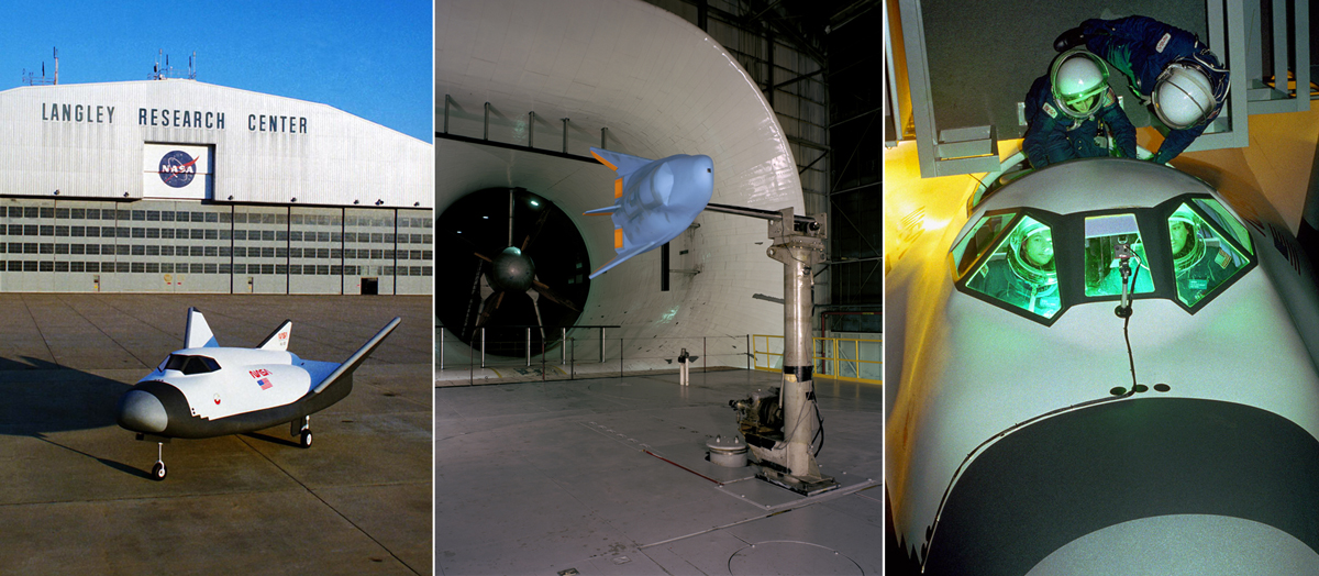 NASA's HL-20 at NASA's Langley Research Center.  The left image shows the HL-20 in front of the hangar at Langley, the center image shows the HL-20 undergoing testing for forced oscillation in pitch, and the right image shows people going through a series of tests to simulate launch and landing attitudes, crew seating arrangements, habitability, ingress and egress, equipment layout, maintenance and handling operations and visibility requirements during docking and landing operations.  Photos Credit: NASA