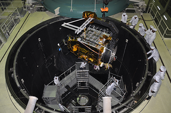 India's Mars Orbiter Mission (MOM) spacecraft, also known as "Mangalyaan" (Hindi for "Mars Craft"), is loaded into the Large Space Simulation Chamber for thermovacuum tests. Photo Credit: ISRO