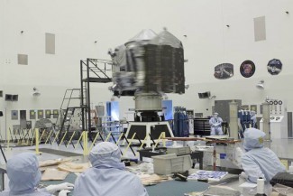 NASA's MAVEN spacecraft undergoing a dry spin test at Kennedy Space Center October 21.  Photo Credit: NASA / Kim Shiflett