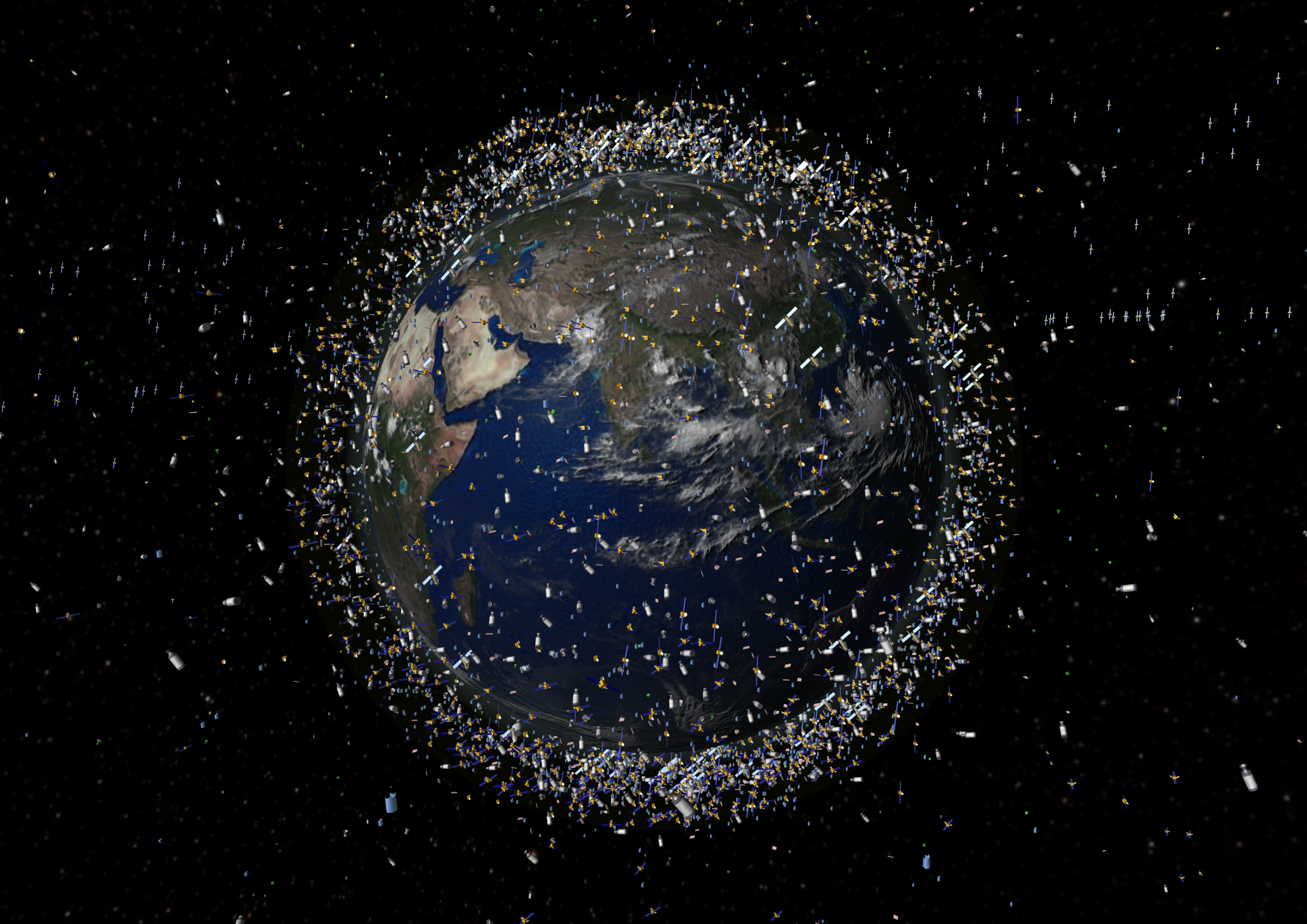 Artist's concept showing thousands of satellites and other debris orbiting Earth. Photo Credit: ESA