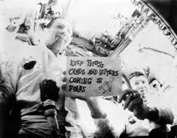 "Keep Those Cards and Letters Coming in, Folks!" The Apollo 7 crew was the first to perform a series of televised broadcasts from their spacecraft during the 11-day mission. Photo Credit: NASA