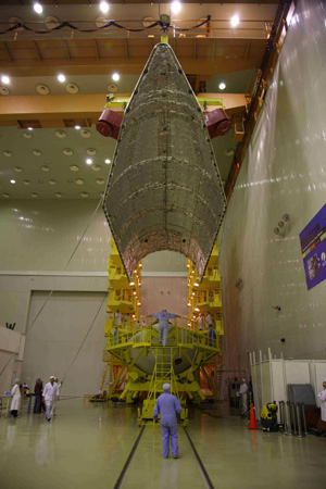 Sirius FM-6 undergoes Payload Fairing (PLF) encapsulation work, ahead of integration with the Proton-M vehicle. Photo Credit: ILS