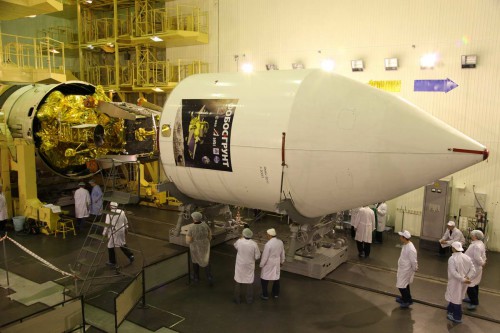 The ill-fated Fobos-Grunt spacecraft is integrated into its payload fairing, ahead of its November 2011 launch. Aboard the mission, Yinghuo-1 was meant to be China's first voyage to the Red Planet. Photo Credit: Universe Today