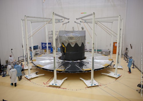 Gaia's 12-piece sunshield is deployed during pre-flight testing. Photo Credit: ESA/CNES/Arianespace
