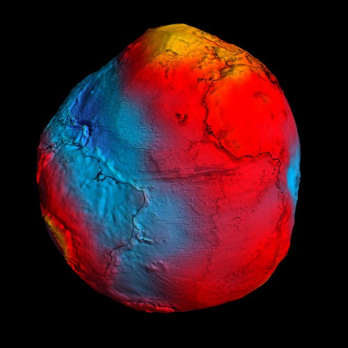 ESA's GOCE mission delivered the most accurate model of the 'geoid' ever produced, which will be used to further our understanding of how Earth works. The colors in the image represent deviations in height (-100 meters to +100 meters) from an ideal geoid. The blue shades represent low values and the reds/yellows represent high values. A precise model of Earth's geoid is crucial for deriving accurate measurements of ocean circulation, sea-level change and terrestrial ice dynamics. The geoid is also used as a reference surface from which to map the topographical features on the planet. In addition, a better understanding of variations in the gravity field will lead to a deeper understanding of Earth's interior, such as the physics and dynamics associated with volcanic activity and earthquakes. Image Credit: ESA 