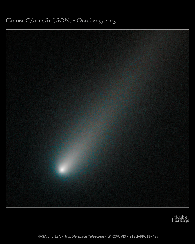 NASA's Hubble Space Telescope captured this image of Comet ISON on October 9, 2013.  The image suggests that the comet is intact, a good sign that it will survive perihelion next month when it dives to within one million miles of the sun's surface.  Photo Credit: NASA, ESA, and the Hubble Heritage Team (STScI/AURA)