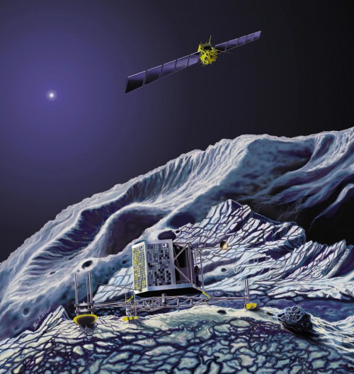 Artist's impression of the Philae landing craft, anchored by harpoons and drills, to the comet's surface, as Rosetta itself orbits overhead. Image Credit: ESA