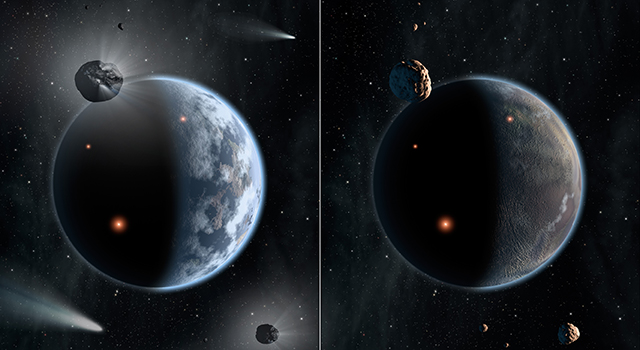 This artist's concept illustrates the fate of two different planets: the one on the left is similar to Earth, made up largely of silicate-based rocks with oceans coating its surface. The one on the right is rich in carbon -- and dry. Chances are low that life as we know it, which requires liquid water, would thrive under such barren conditions. Image credit: NASA/JPL-Caltech