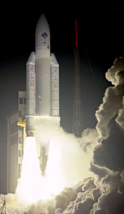 Europe's mighty Ariane 5 boosts Rosetta on a ten-year voyage to rendezvous with, and land on, a comet, in March 2004. Photo Credit: ESA