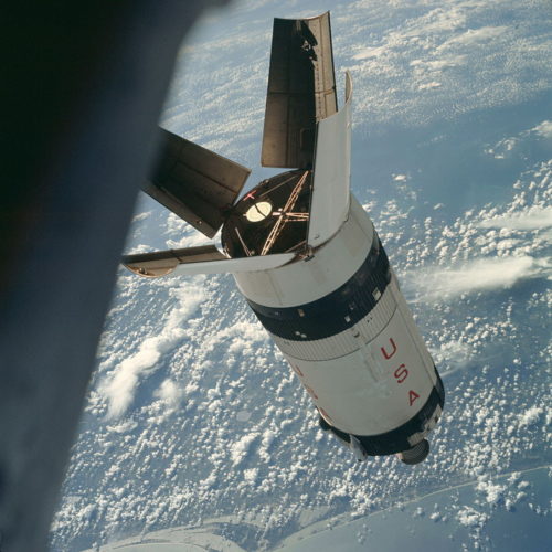 The final stage of the Saturn IB, the S-IVB also formed the component of the Saturn V which would house the lunar module. On Apollo 7, astronauts Wally Schirra, Donn Eisele and Walt Cunningham performed several rendezvous activities with the spent stage. Photo Credit: NASA