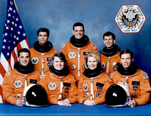 The crew of STS-58 poses for the traditional pre-launch portrait. Seated from left are Dave Wolf, Shannon Lucid, Rhea Seddon and Rick Searfoss, with John Blaha, Bill McArthur and Marty Fettman standing. Photo Credit: NASA