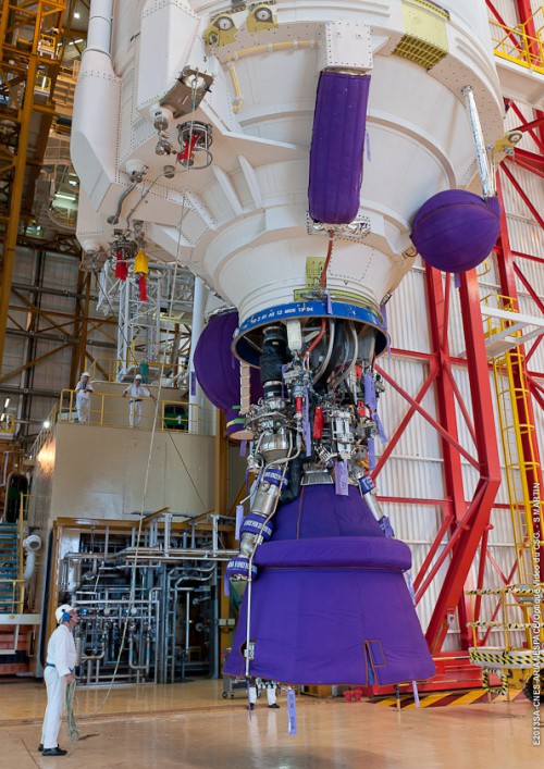 The cryotechnic main stage and its French-built Vulcain-2 engine are raised to the vertical in the Launcher Integration Building (BIL) at the Guiana Space Centre in Kourou, French Guiana. Launch of Mission VA-216 was originally scheduled for December 2013, but has been extensively delayed. Photo Credit: Arianespace