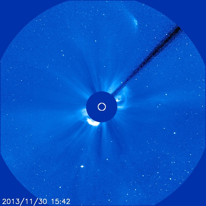 The leftovers of comet ISON are fading from view very quickly as the debris races away from the sun.  Photo Credit: NASA / ESA / SOHO
