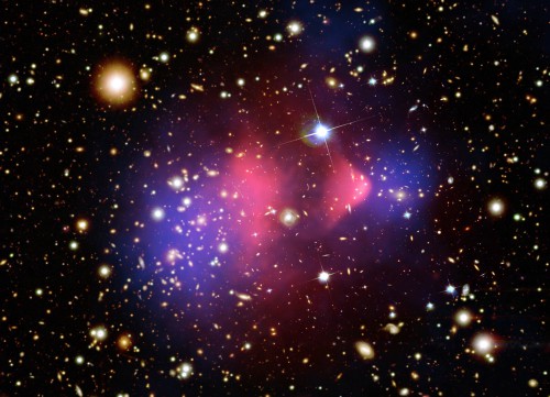 An image of galaxy cluster 1E 0657-56, also known as the Bullet Cluster. It is a composite image made from observations in visible light from the Hubble Telescope and the Magellan ground-based Telescopes (the main cluster image) and in x-ray wavelenghts from the Chandra Space Observatory (pink areas). Additional studies of gravitational lensing from more distant, background objects have shown that most of the cluster's mass is concentrated in the blue areas, which remains invinsible. It is one of the best direct evidence for the existence of dark matter. Image credit: X-ray: NASA/CXC/CfA/ M.Markevitch et al.; Lensing Map: NASA/STScI; ESO WFI; Magellan/U.Arizona/ D.Clowe et al. Optical: NASA/STScI; Magellan/U.Arizona/D.Clowe et al.; 