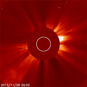 ISON rounds the Sun as seen from SOHO LASCO C2 (Nov 28-29, 2013).  Image credit: NASA / ESA / SOHO / Emily Lakdawalla (www.Planetary.org)