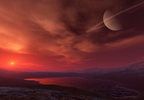 An artist's impression of Titan's landscape. Image Credit: Kees Veenebos