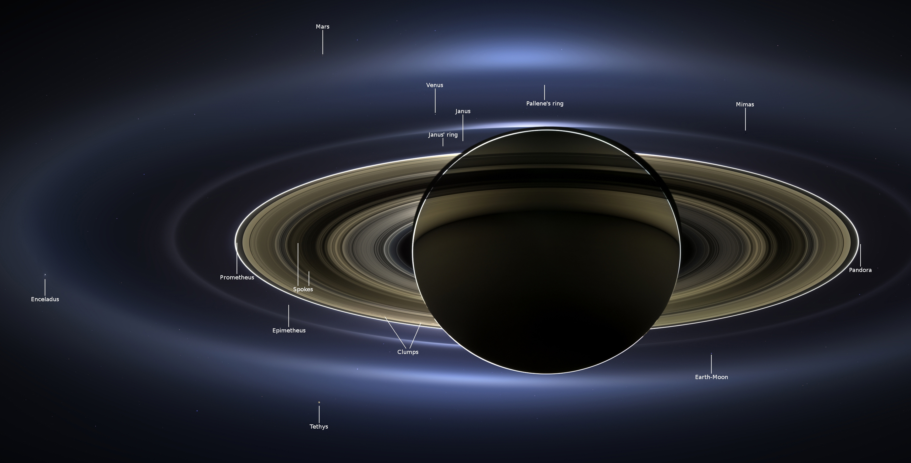 ZOOM IN FOR DETAIL.  Seven of Saturn's moons, including Earth, Mars,and Venus, are pointed out in this mosaic image captured by NASA's Cassini spacecraft of July 19, 2013.  Image Credit: NASA/JPL-Caltech/SSI